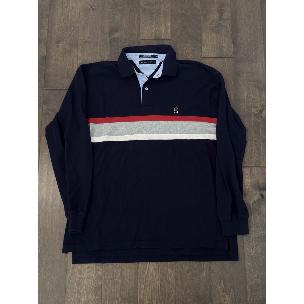Vintage Tommy Hilfiger Mens XL Long Sleeve Stripe Polo Shirt Crest Logo Navy